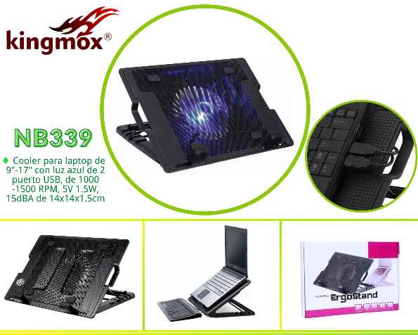 KINGMOX NB339 - COOLER ERGOSTAND PARA PORTATIL DE 15.6 / 5 NIVELES DE INCLINACION / 700-1400RPM SPEED AJUSTABLE / COLOR NEGRO